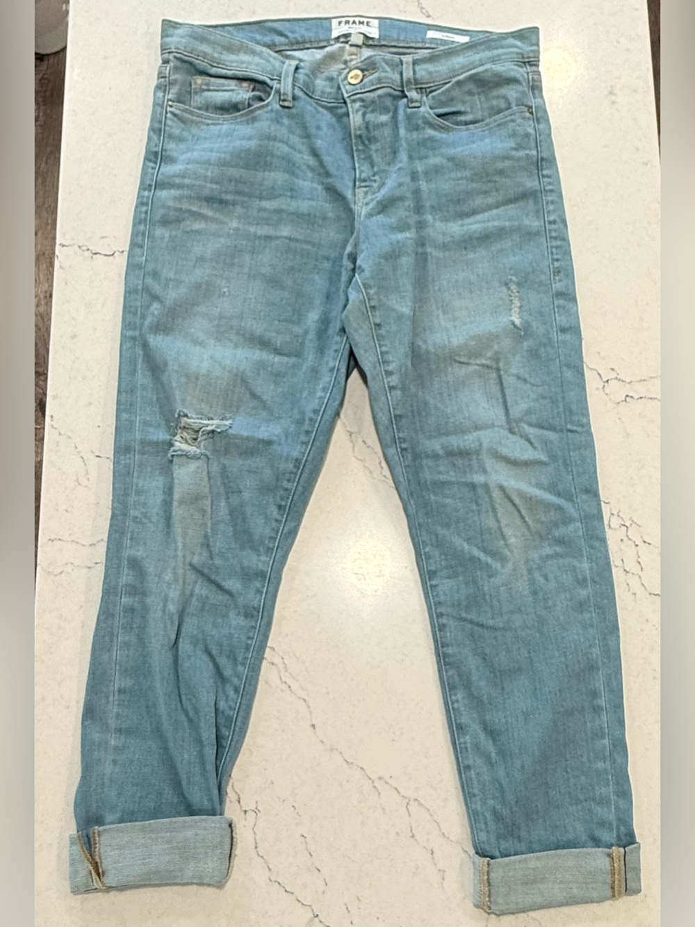 FRAME Light Wash Distressed Cuffed Slim Boyfriend Jeans Blue Denim Women’s 29